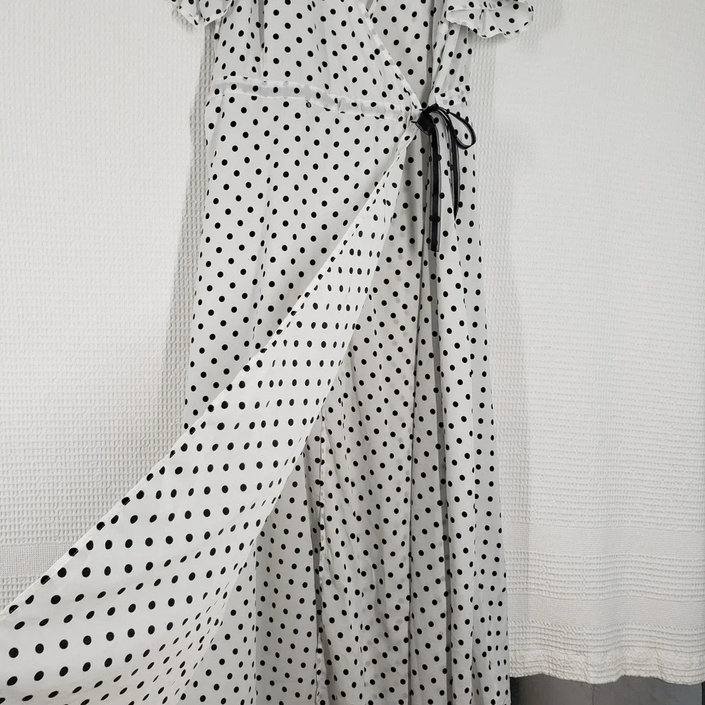 Boohoo Wrap Maxi Dress Womens 24 White Black Polka Dot Short Sleeve Romantic - Picture 16 of 16